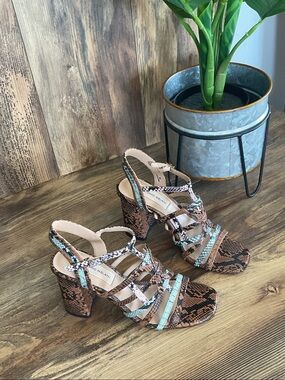ANTONIO MELANI Brown Snakeskin Strappy Block Heel Sandals 7M